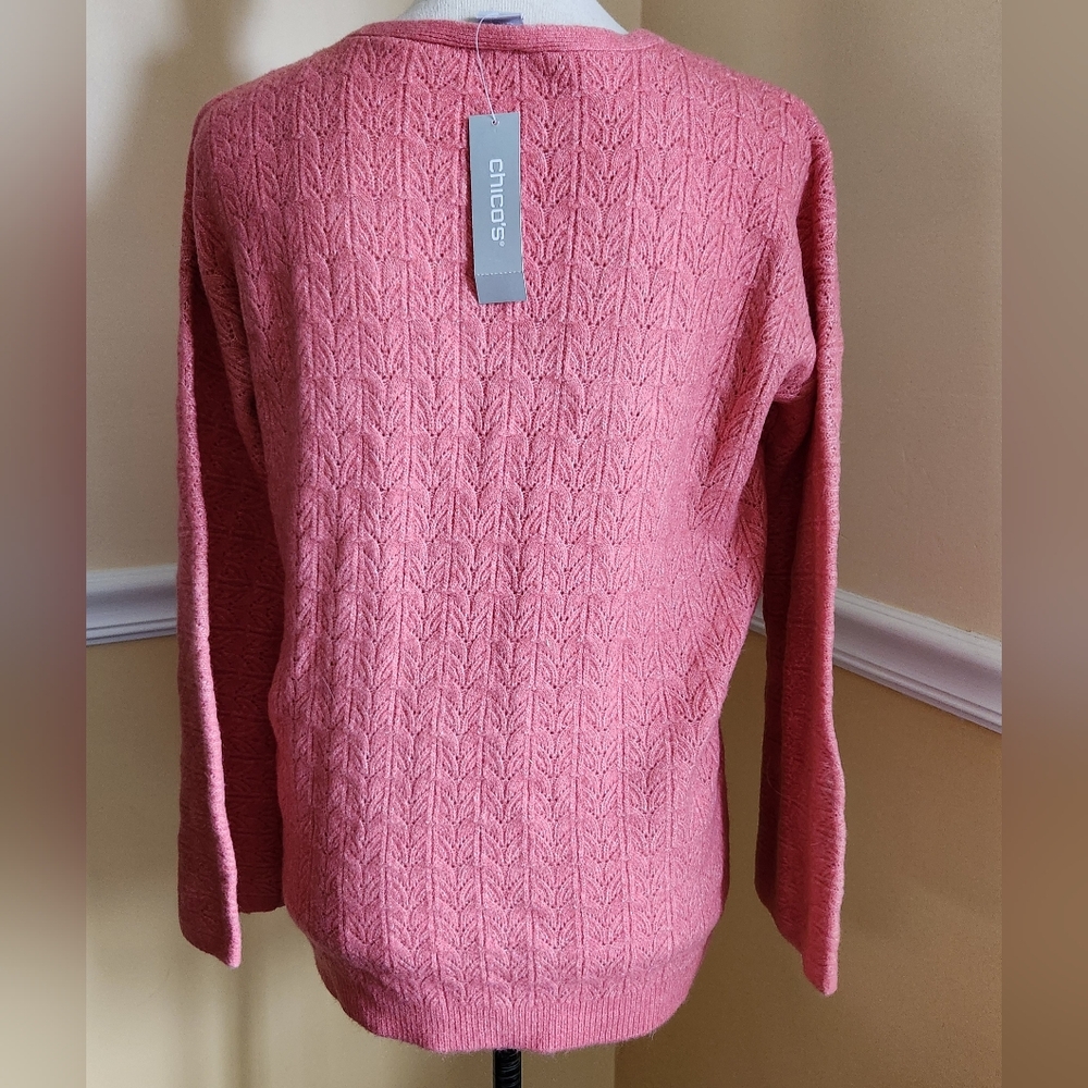 Chico's Drama V Neck LS Pullover Strawberry Blush Knit Sweater NWT Size Medium - Picture 2 of 8
